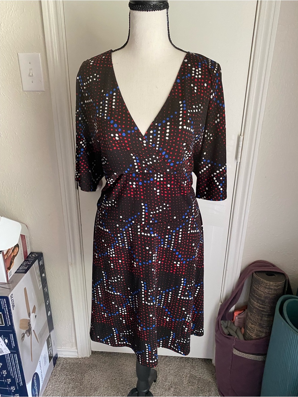 Bisou Bisou Black V-Neck Midi Dress with Red & Blue Dot Print